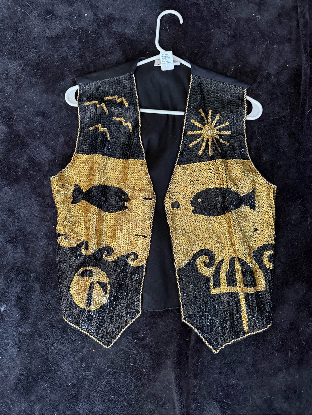 Men's Black & Gold Sequin Vest with Fish Motif